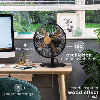 Russell Hobbs RHMDF1201WDB 12 Inch Scandi Electric Desk Fan, 3 Speed Settings, Oscillating Fan and Adjustable Tilt, 45W, Black and Wood Effect