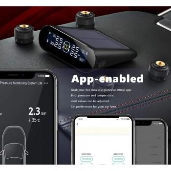 Xiaomi 70mai TPMS Tyre Pressure Monitoring System Lite, External Sensors with Dual Charging Solar & USB, Easy Self Fitment, LCD Display and BT APP Control