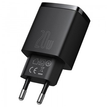 BASEUS COMPACT WALL CHARGER 20W - USB-C PD3.0, USB QC3.0 - BLACK