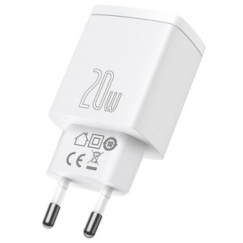 BASEUS COMPACT WALL CHARGER 20W - USB-C PD3.0, USB QC3.0 - WHITE