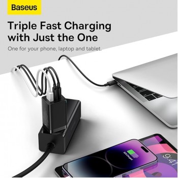 Baseus Travel Charger GaN5 Pro Fast Wall Charger, C+C+U, QC, AFC, PD 65W with Type-C to Type-C (100W) 1m (CCGP120201) - Black