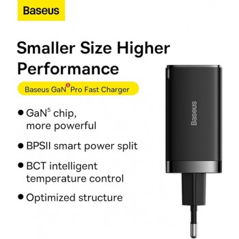 Baseus Travel Charger GaN5 Pro Fast Wall Charger, C+C+U, QC, AFC, PD 65W with Type-C to Type-C (100W) 1m (CCGP120201) - Black