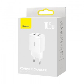 Baseus Compact Wall Charger with 2 x USB 10.5W - White