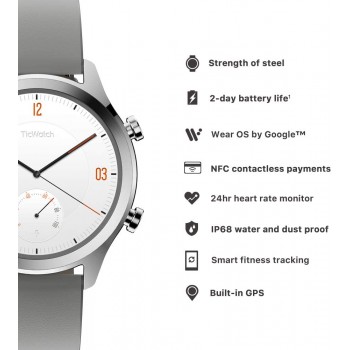 TicWatch C2 Smart Watch Classic Fashion Fitness smartwatch with All Day Heart Rate, GPS, NFC, Notifications and Alert, Compatible with Android and iOS - Platinum