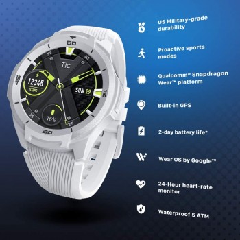 Ticwatch S2 Waterproof Smartwatch with Build-in GPS 24h Heart Rate Monitor Wear OS by Google Compatible with Android and iOS - Glacier